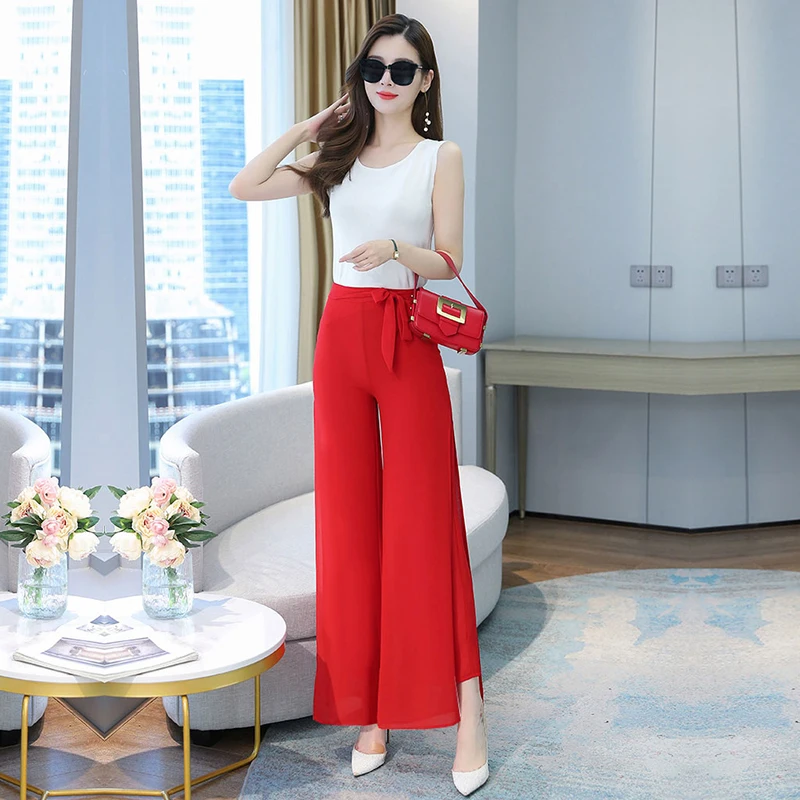 Women'S Summer Double Layered Thin Material Breathable High Waist Loose Casual Chiffon Wide Leg Pants Mom Dance Split Trousers