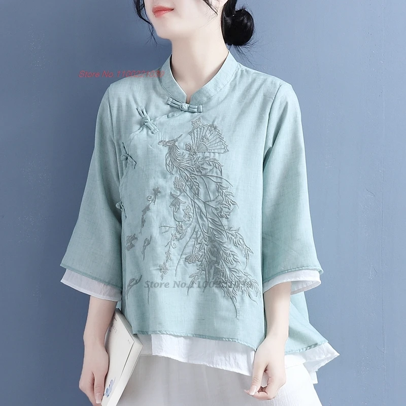 

2024 chinese vintage blouse national flower embroidery double layers blouse traditional hanfu tops oriental cotton linen blouse