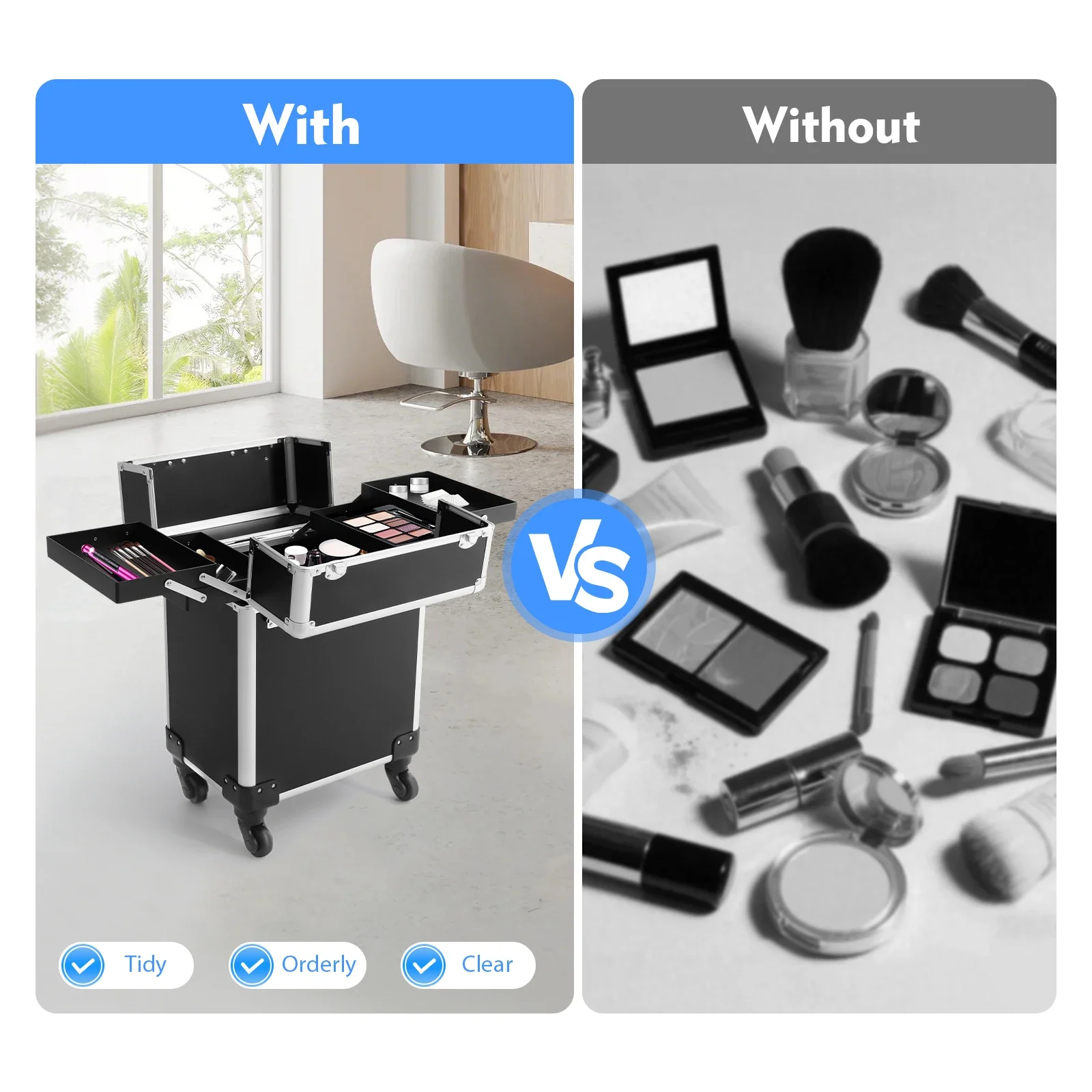 Rollbarer Make-up-Reiseetui – Aluminiumlegierung, 4 erweiterbare Fächer, 4 Räder, einziehbarer Stab, Schlösser für Make-up-Künstler – Detail 6