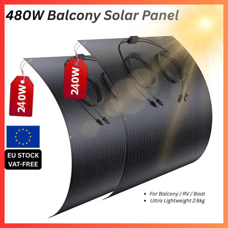 480W Flexible Solar Panel (2×240W) Monocrystalline Solar Module, for RV, Caravan, Boat, Roof,