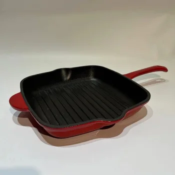 Country Living Enameled Cast Iron Square Griddle Grill Pan with Ridges, Helper Handle and Pouring Spouts