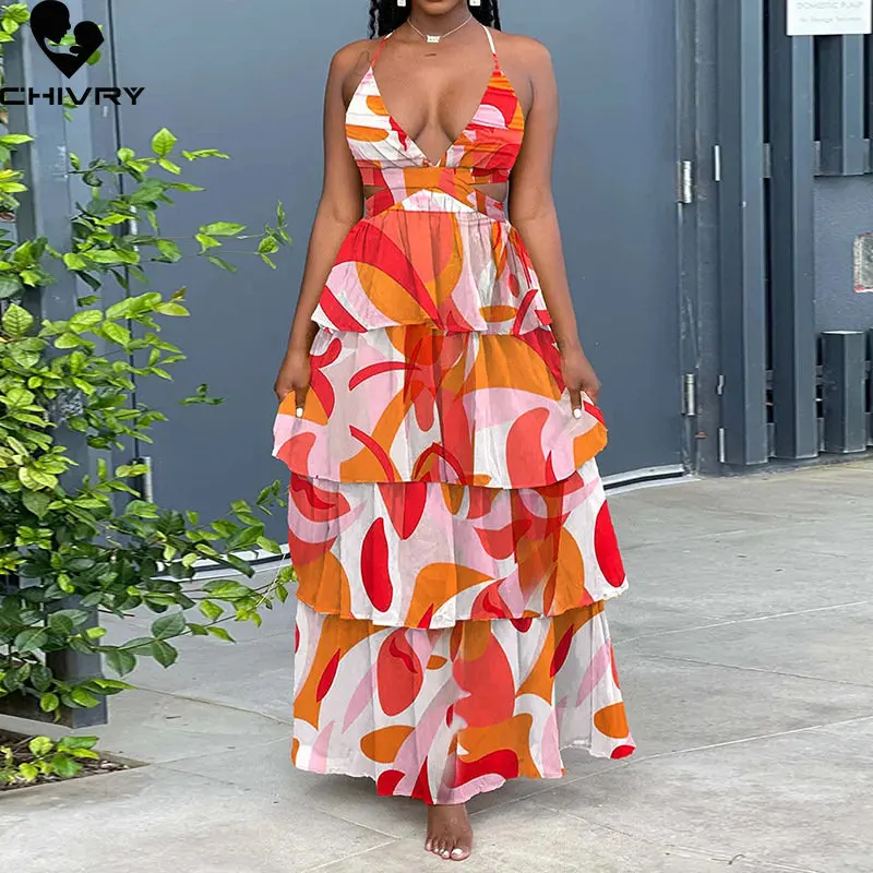

Summer Women's Dress New 2023 Women Sexy V-neck Spaghetti Strap Bandage Backless Elegant Print Tiered Dresses Ladies Clothes