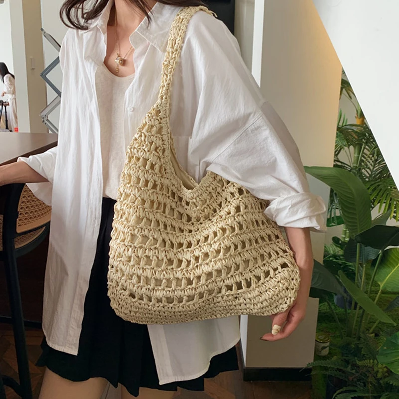 Summer Straw Woven Bag for Women Shoulder Bag Raffia Paper Rope Boho Beach Handbags Casual Messenger Crossbody Bag Female Purse