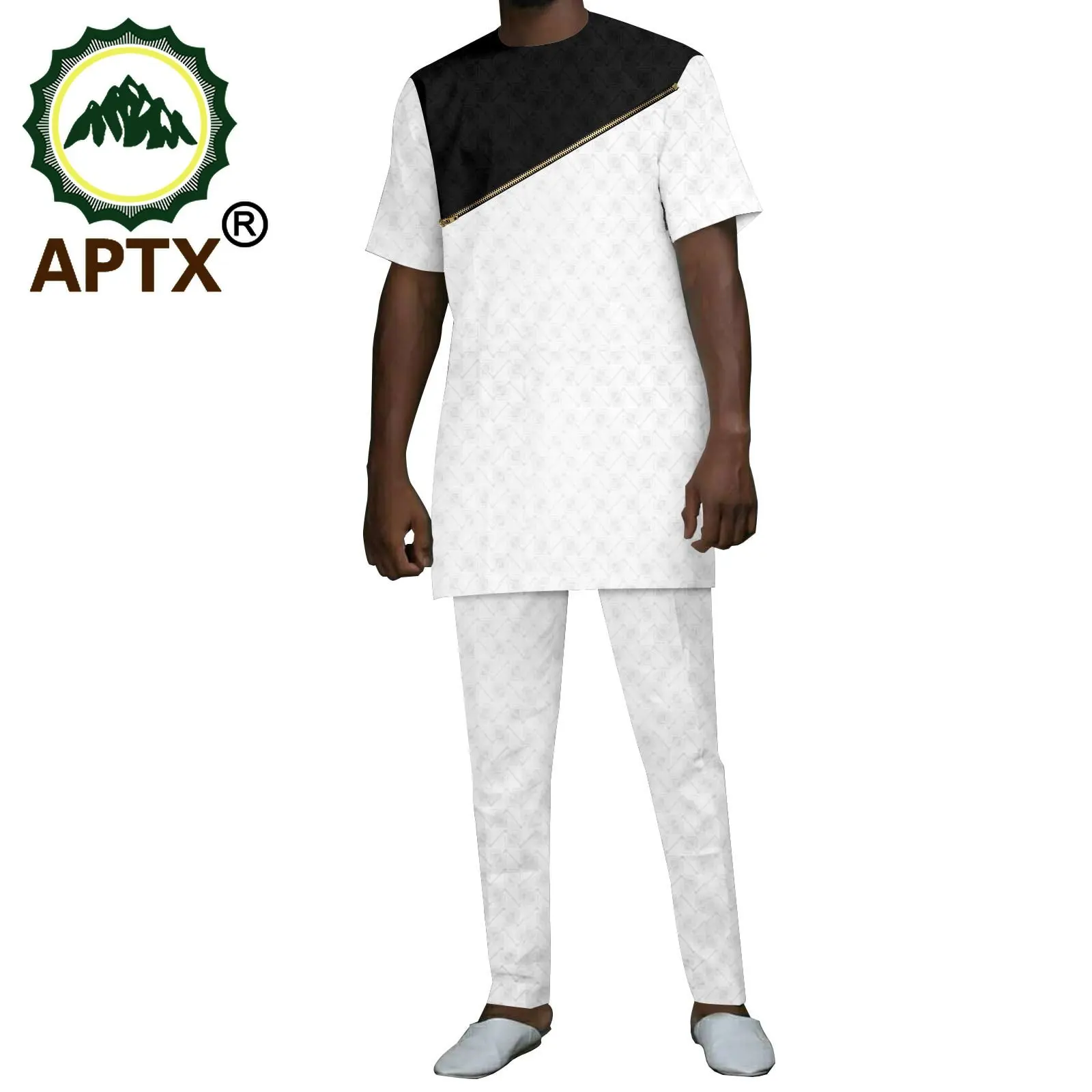 APTX African Dashiki Summer Men's 2 Pieces Casual Set Short Sleeves Top+Full Length Pants Nigerian Attire TA2216141