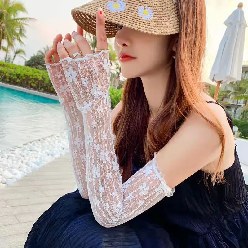 

Elegant Women Floral Lace Mesh Ultra-Thin Long Summer Driving Cycling Lady Sexy Black Sunscreen Gloves Anti-UV Elasticity Gloves