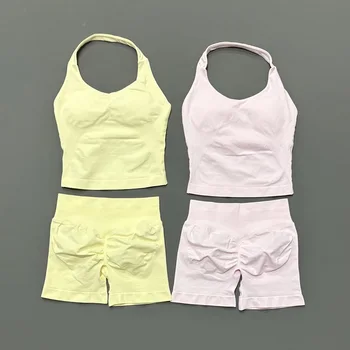 2Pcs HISTELLO Premium Sports Fitness Women Gym Set Backless Halter Top Seamless High Stretch Shorts Yoga Running Athletic Wear