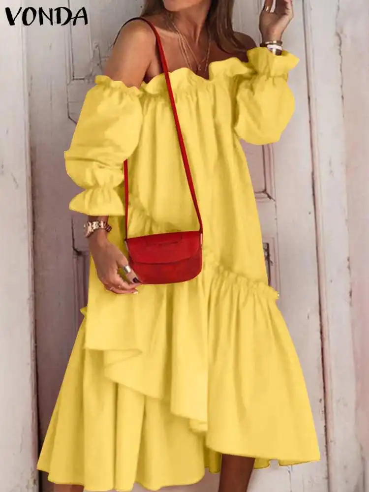 

2023 VONDA Summer Party Sundress Women Sexy Off Shoulder Dress Casual Pleated Long Sleeve Asymmetrical Ruffled Party Midi Robe