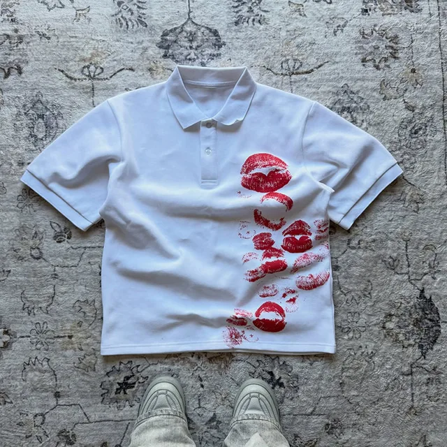 Y2K Polo Harajuku imprimé graphique Rock Goth surdimensionné à manches courtes T-shirt Hip Hop col boutonné chemise Punk T-shirt décontracté 1