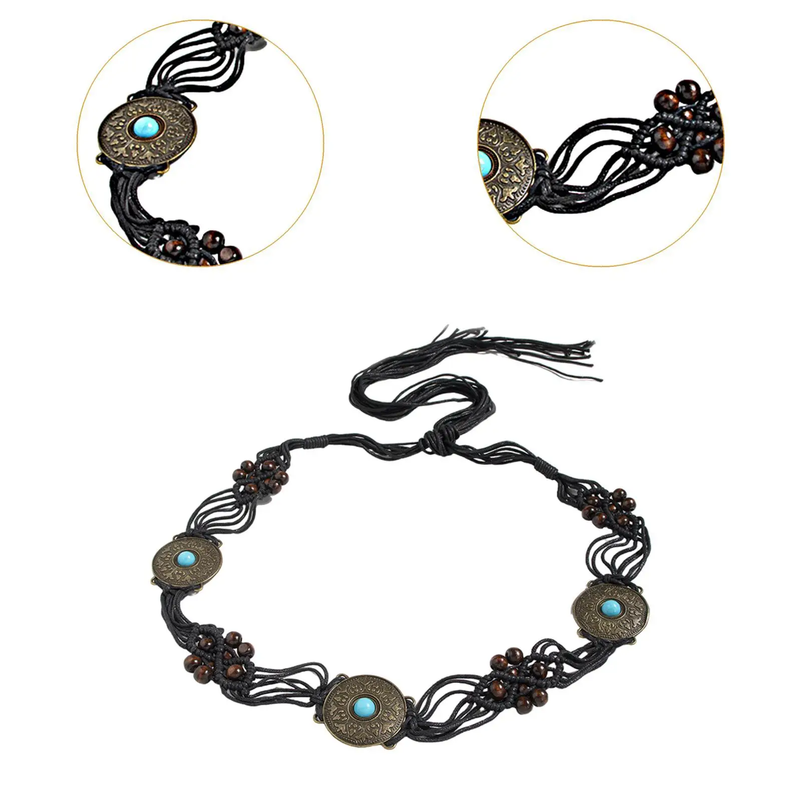 Bohemian Woven Waist Belt with Knots and Inlays Woven Dress Belt for Daily Life