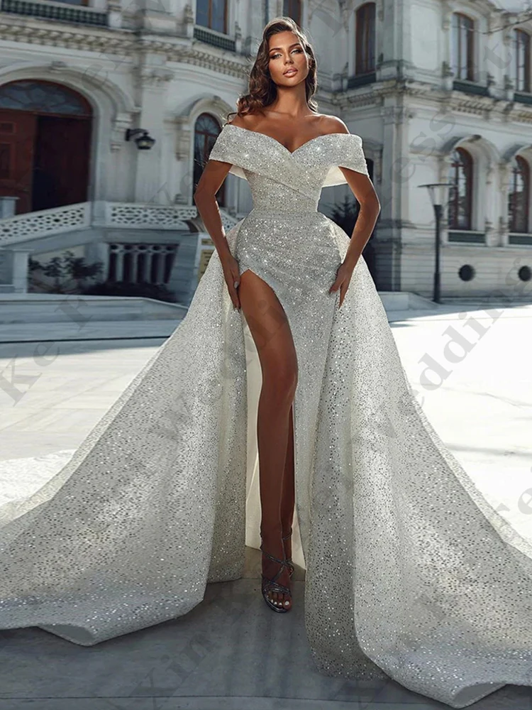 Elegant Wedding Dresses Short Sleeves Simple Off Shoulder High Split Luxurious Fluffy Princess Style Mopping Bridal Gown A-Line