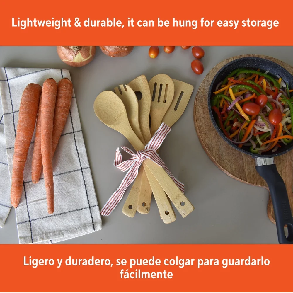Bamboo Kitchen Utensils – 5pc Eco-Friendly Cooking Tools | Durable Wooden Set