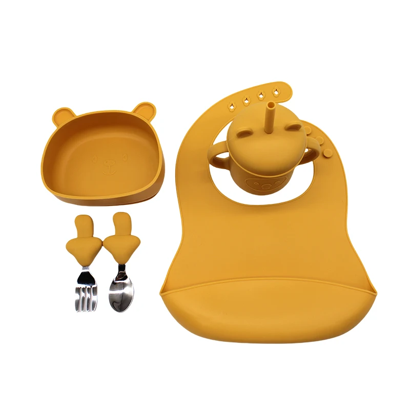 Baby complementary tableware meal bib baby eating independent practice training bowl with suction cup compartment plate set Chil