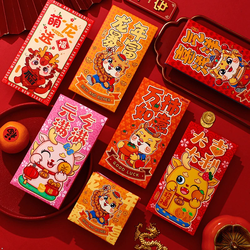 

6 шт./набор Китайский новогодний красный конверт на удачу символ дракона 2024 карман для денег карман для Дракона Новогодние товары