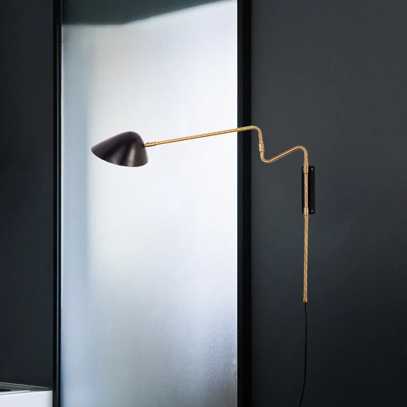 industriële wandlamp 360 ° verstelbare houten lange arm leeslamp met schakelaar en stekker, vintage wandlamp binnen verstelbare draaibare metalen lampenkap, E27 slaapkamer wandlamp bedlamp, Black