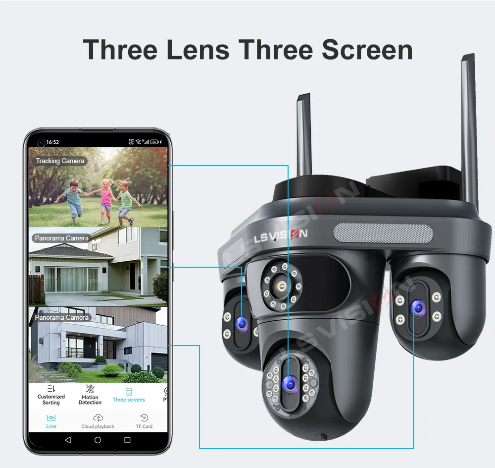15MP WiFi Security Camera Three Screens Outdoor IP Camera Three PTZ 2-Way Audio