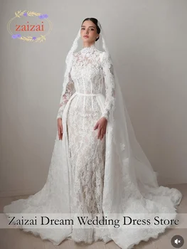 Abito da Sposa Personalizzato Squisito Bianco Principessa con Perle e Maniche Lunghe, Vestito da Sposa Scintillante Stile Dubai