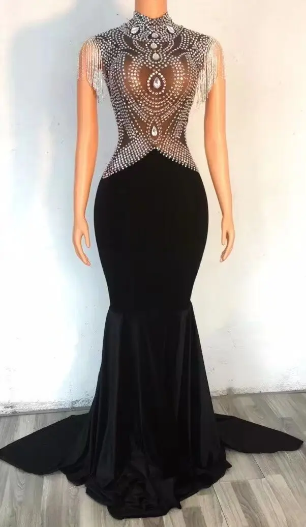 

Black Velvet Long Train Dress Folk dance Luxury Birthday Celebrate Costume Women Dancer Evening Party Dress