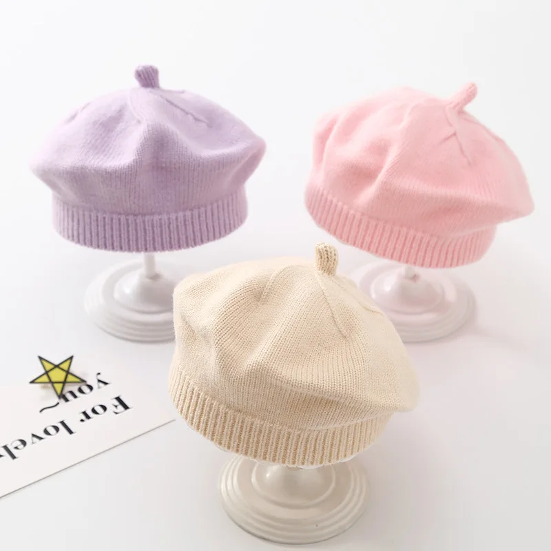 Cute Baby Berets Wool Knitting Beret Hats French Flat Plaid Top Kids Caps Versatile Soft Knitted Autumn Winter Outdoor Warm Hat christmas theme metal buckle coin purse diy wool knitting cartoon cute santa mini bag