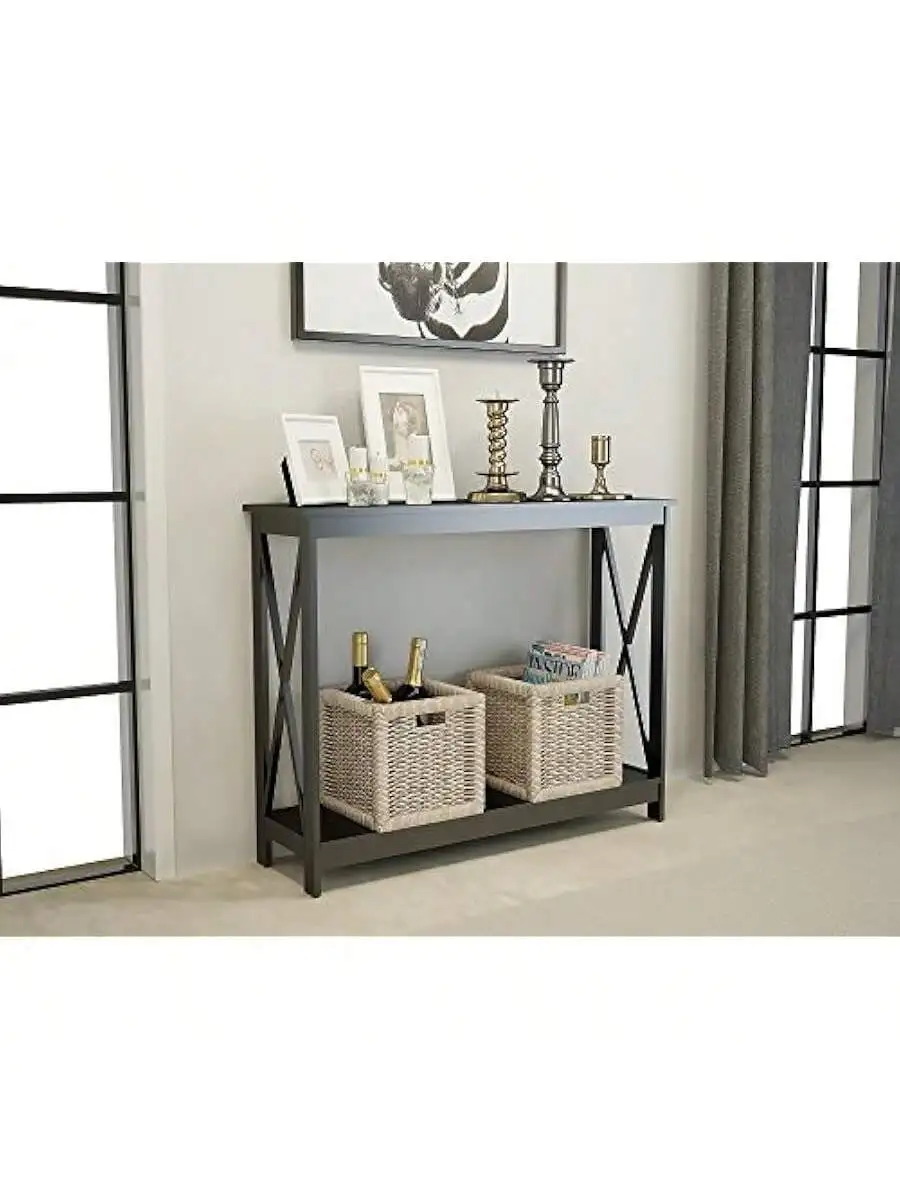 Black Finish 3-Tier X-Design Occasional Console Sofa Table Bookshelf 2