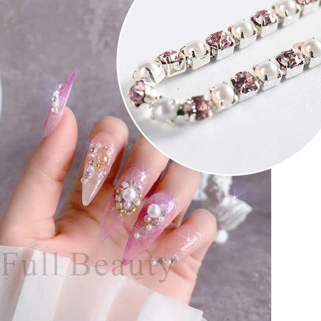 Colorful-Pearl-Claw-Nails-Rhinestones-Chain-3D-Shiny-Diamond-Charms-Decoration-Silver-Base-Kawaii-Metal-Parts jpg