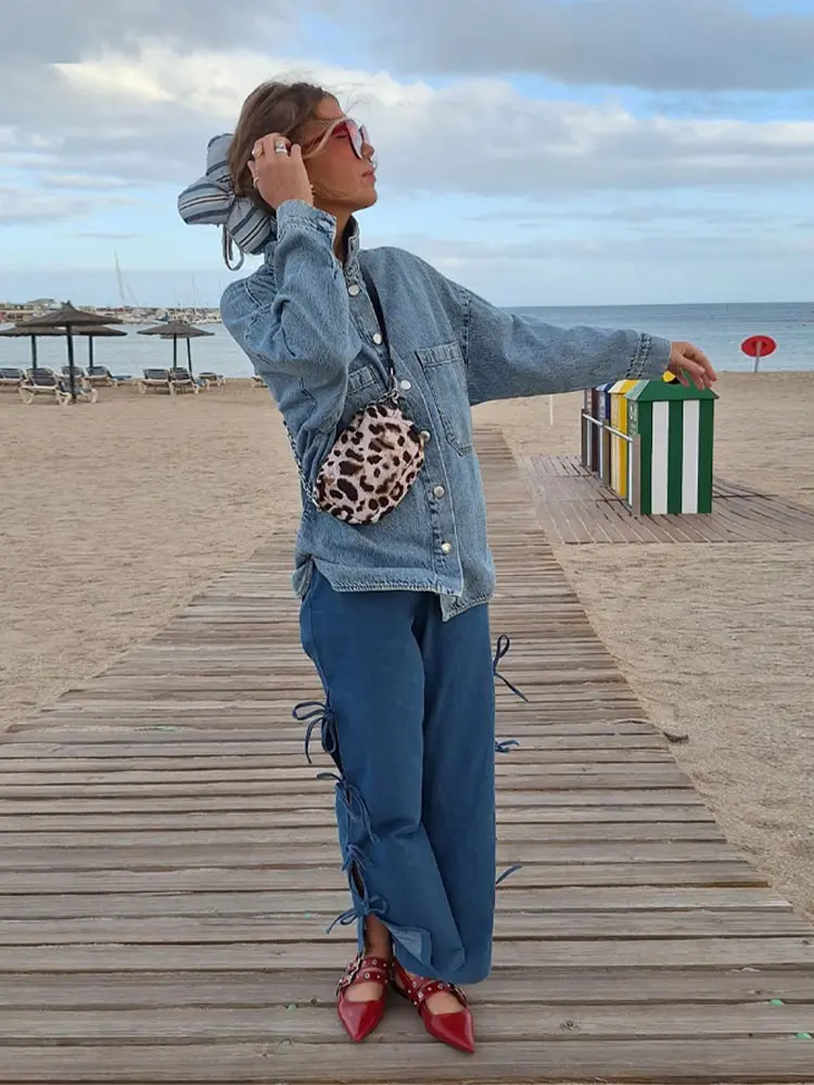 

Синие шикарные брюки на шнуровке для женщин, повседневные свободные брюки с высокой талией и широкими штанинами, весна-лето 2024, женские уличные джинсы