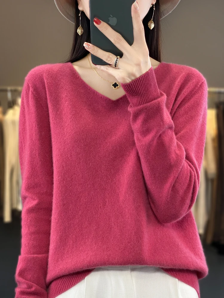 Women Basic Pullover 100% Merino Wool Sweater Autumn Winter V-neck Casual Cashmere Knitwear Female Bottoming Shirt Fashion Tops preppy style vintage v neck sweater women autumn casual argyle plaid y2k jumper female korean pullover winter sueter mujer