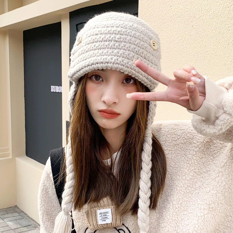 

Autumn and Winter Knitted Bomber Hat Warm Ear Protector Cute Women's Hats Japanese Casual and Versatile Handmade Beanies