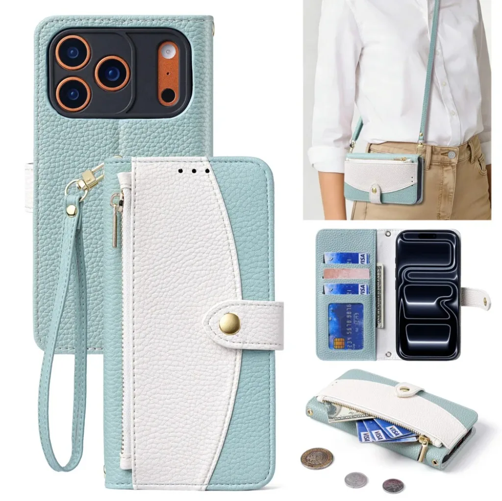 Elegant Leather Crossbody Wallet Phone Case with Zipper Card Holder and Lanyard Strap