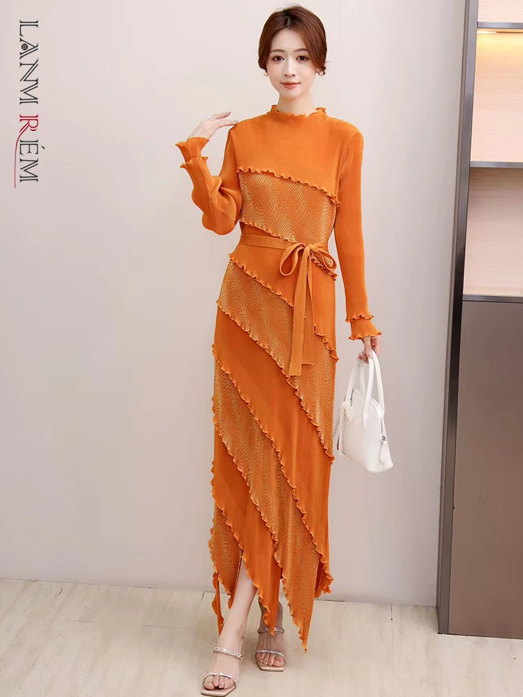 LANMREM High End Irregular Ruffled Panelling Patchwork Design Women's Dress Loose Elastic Slimming Long Sleeve Dresses 2DB3394