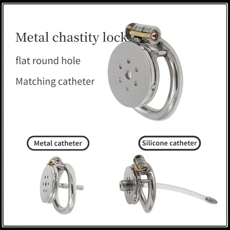 Male Chastity Belt Flat Round Hole Metal Chastity Lock Cock Cage Urethral Catheter Penis Ring 성인용품 Adult Sex Toys Gay Men18