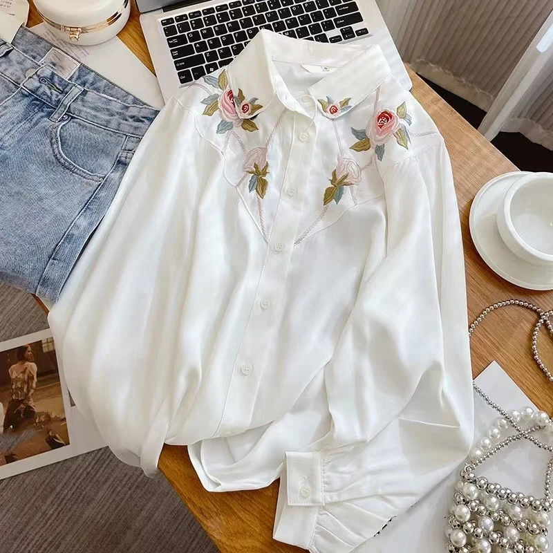 

Women's Embroidery Shirt Blouse Women' Long Sleeve White Chiffon Top