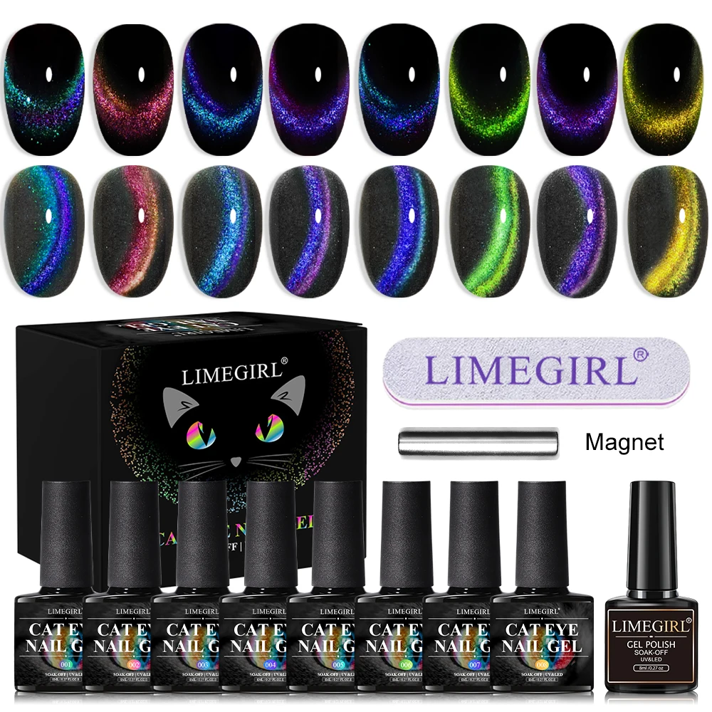 

Pack of 6/8 8ml Cat Eye Magnet Nail Gel Polish Kit Magnetic UV Gel Varnish Chameleon Soaked Holographic Reflective Black Gel Req