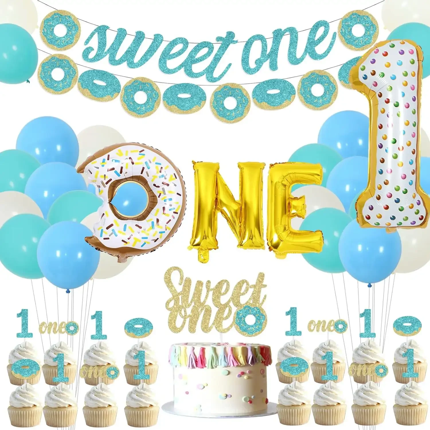 

FANGLELAND Donuts 1st Birthday Party Decorations, Sweet One Donuts Banner Cake Toppers 1st Foil Balloon Birthday Party Supplies