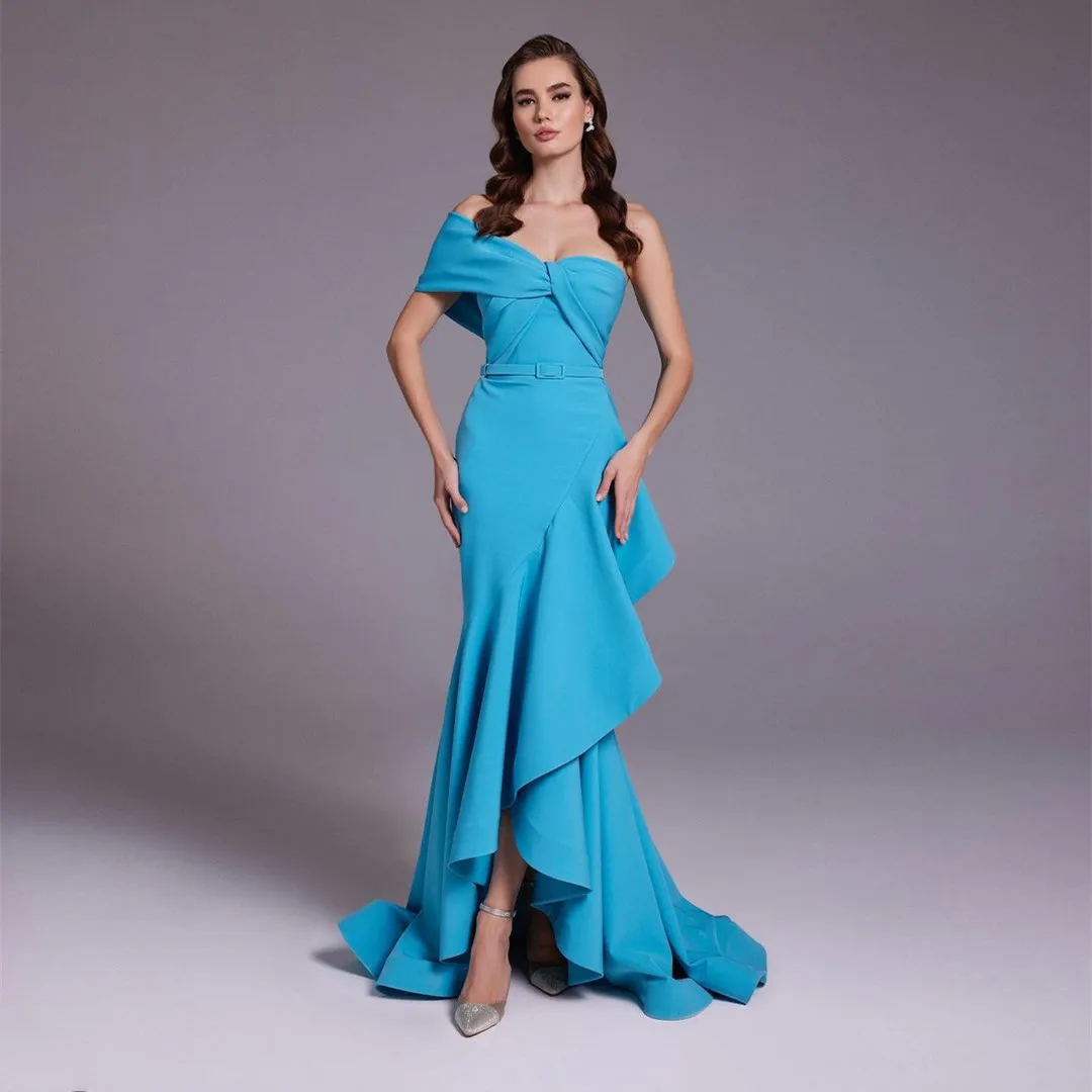 

Sexy One Shoulder Evening Dresses for Women Elegant Ruffles Tight Ocean Blue Satin فساتين مناسبة رسمية for Wedding vestidos