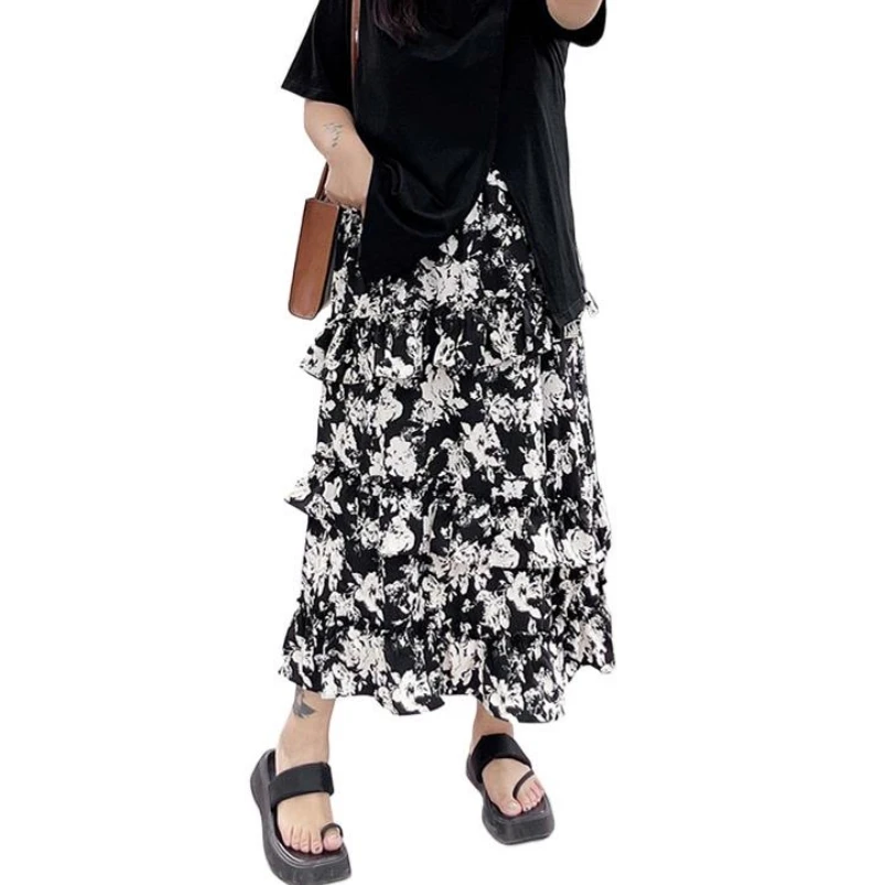 

Spring Summer Chiffon New Women Mid-Length Skirts Floral Printed All-Match Temperament Lightweight Layered Ruffle Edge Vestidos