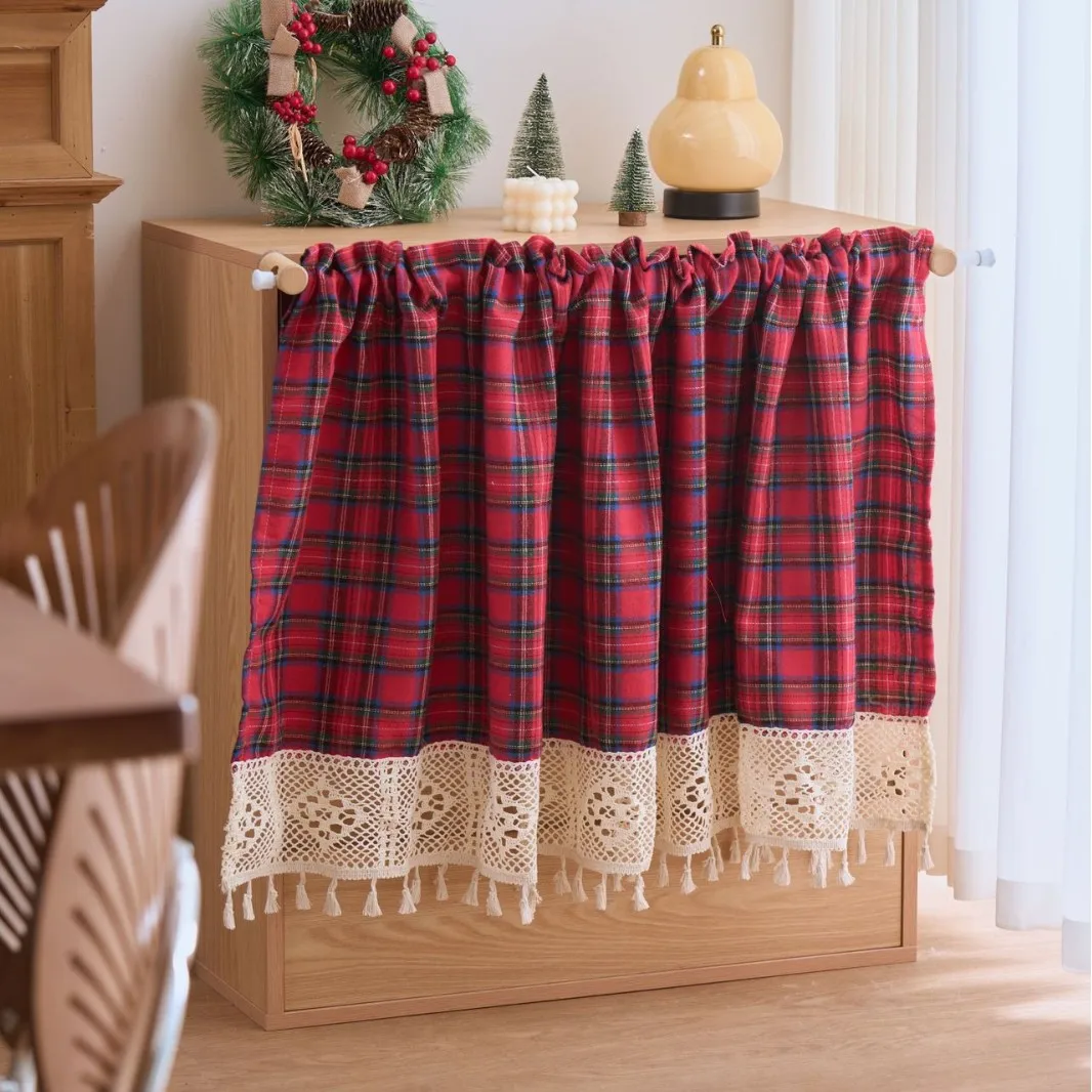 וילון פלאיד לחג המולד לחלונות, וילון קצר לחלונות כיס למטבח, חדר אמבטיה, חדר שינה, קישוטי בית לחגים