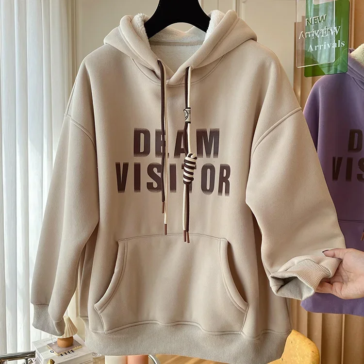 

Plus Size Fat Sister Brushed Hoody Female Fall Winter Hooded Salt Casual Letter Printing Warm Best-Selling Jacket