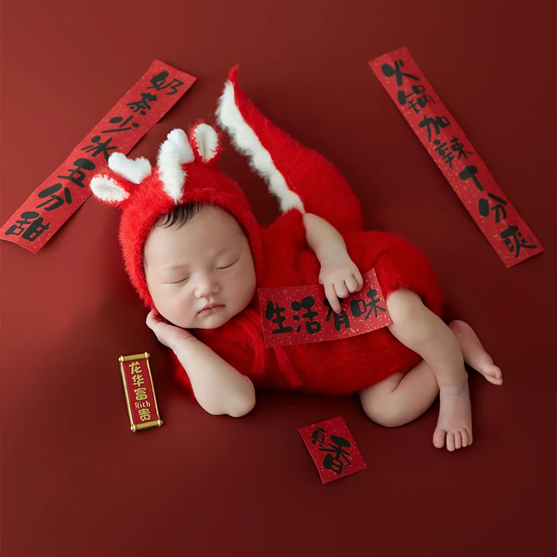 Dvotinst Newborn Photography Props Baby Chinese New Year Traditional Dragon Outfit Spring Festival Couplets Studio Photo Props