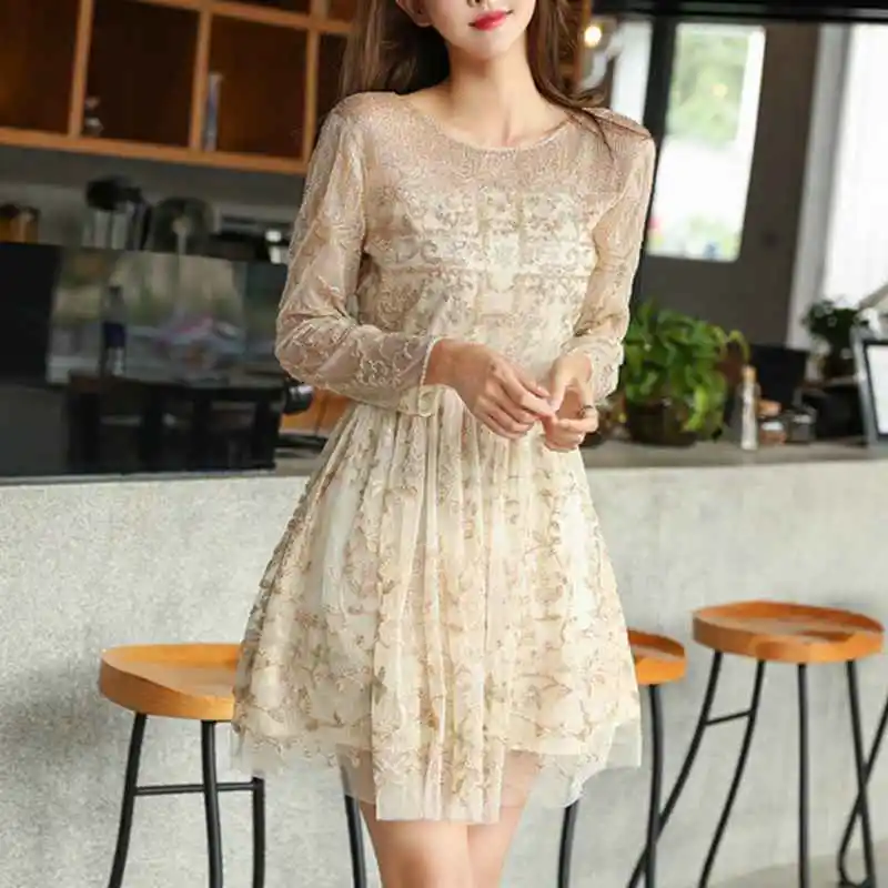 

Womne Dress Summer Sexy Lace Dress Spring Autumn Long Sleeve O Neck Shiny Elegant Dresses Female Vestidos
