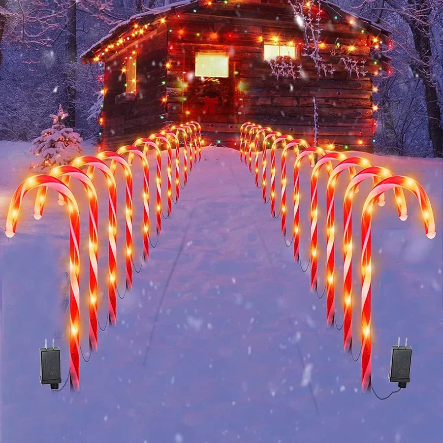 

Set of 10 Christmas Candy Cane Light Outdoor Pathway Candy Cane Markers Light Plug in Candy Cane Lamp with Stake for Patio Decor