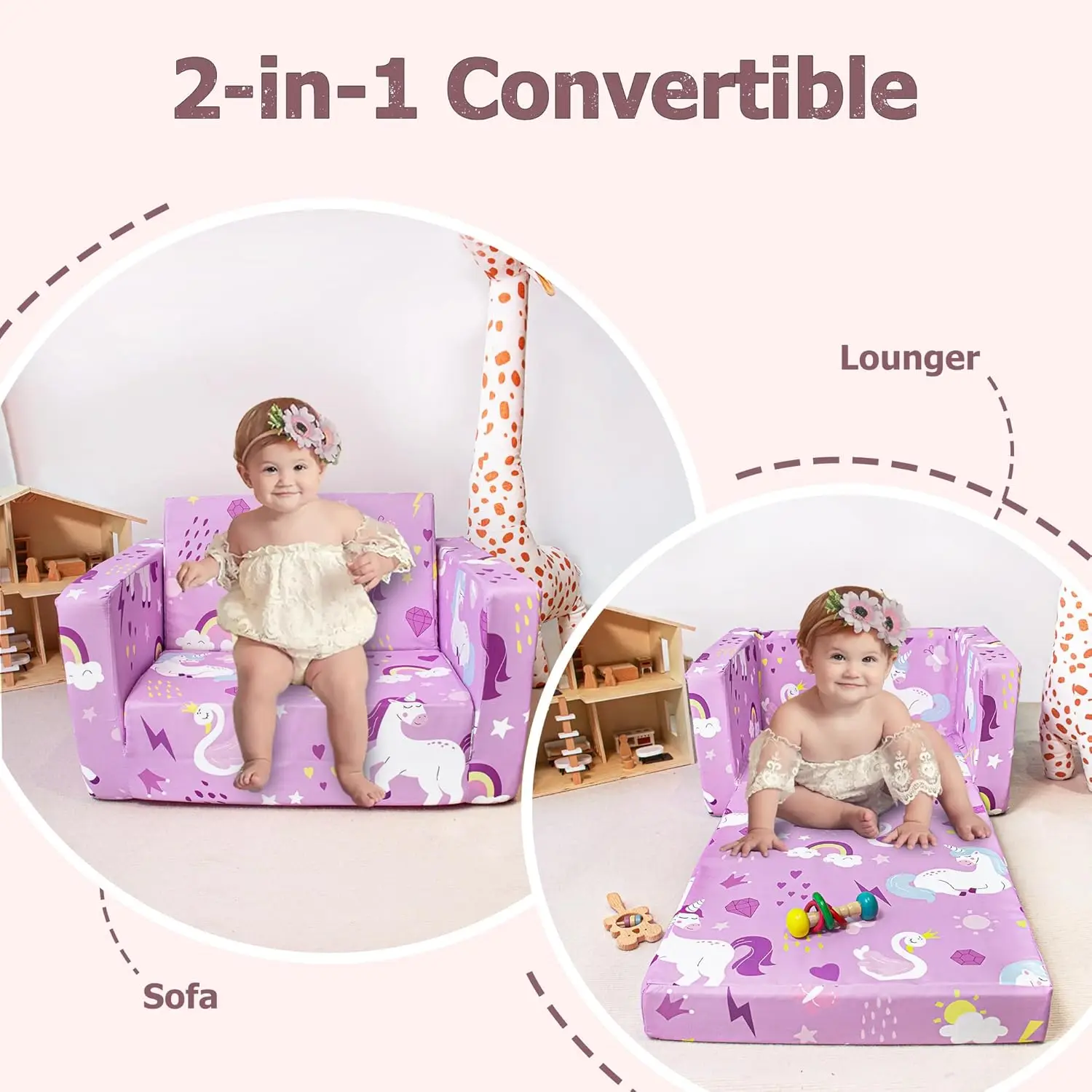 2-in-1 Toddler Sofa Fold Out, Soft Toddler Chair for Boys and Girls, Convertible Sofa to Lounger- Ideal for Napping 4