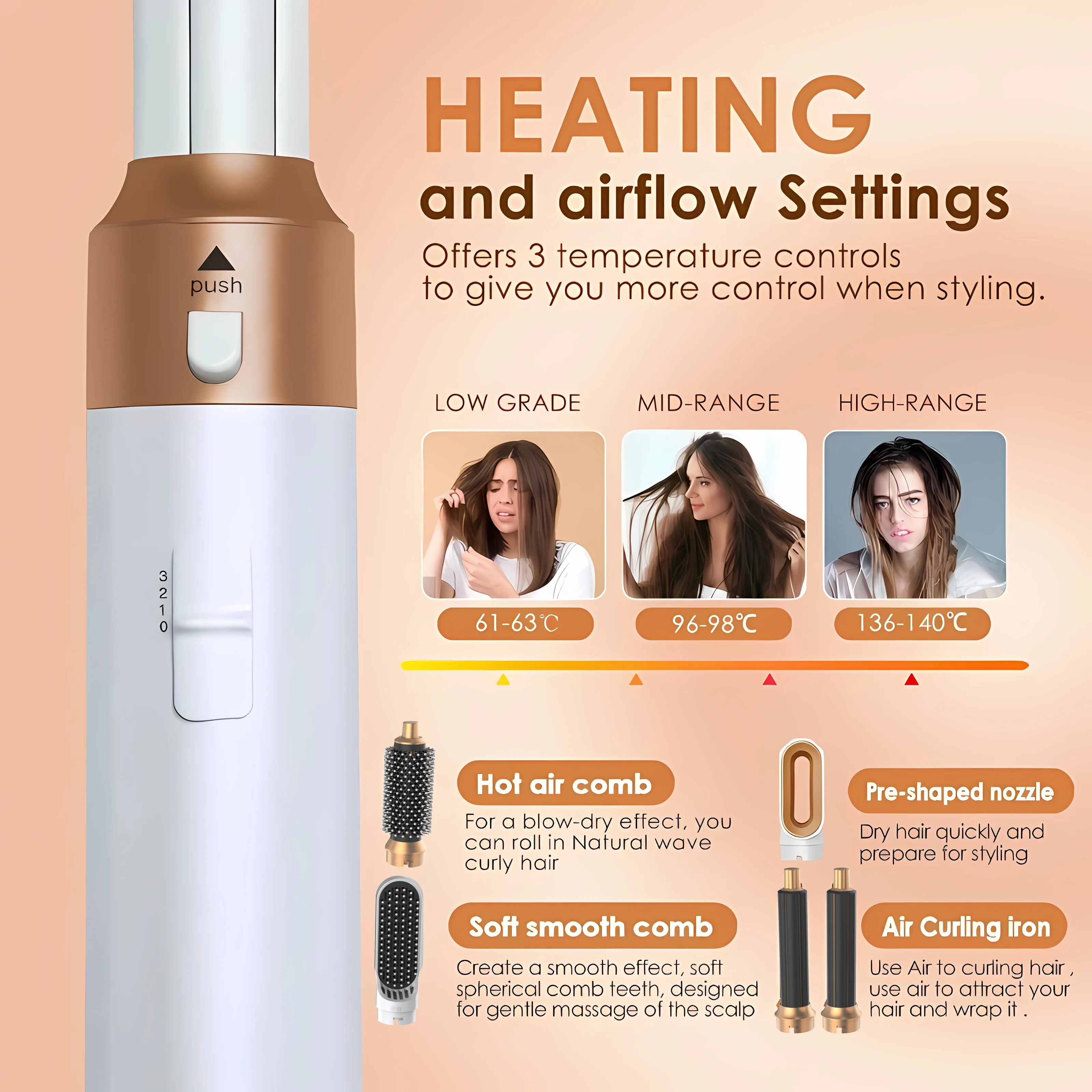 5 in 1  Low Noise Hair Styler  Professional  Hair Curling Straightening  Hair Drying  Hot Air Brushes 1000W 6