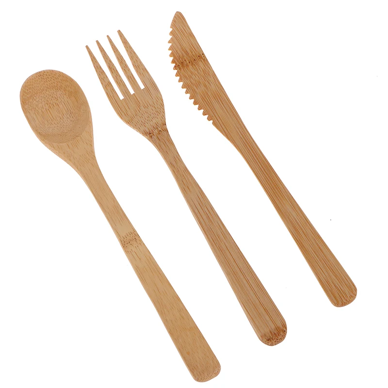 Wooden Cutlery Set 3Pcs/Set Natural Bamboo Fork Cutter Reusable Kitchen Tableware