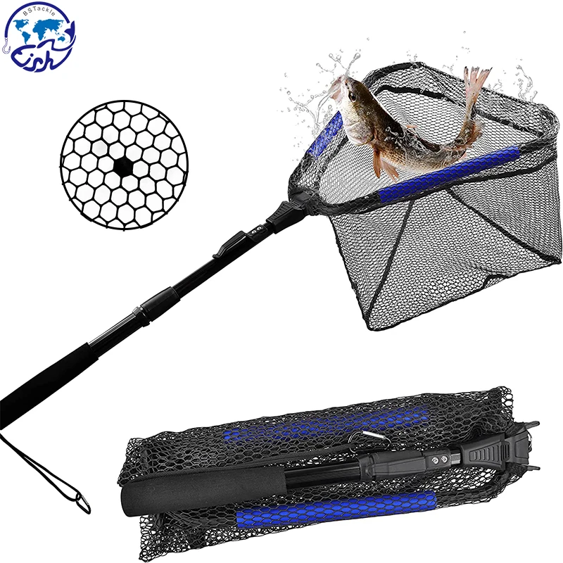 Floating Rubber Coated Fish Landing Net, Foldable Telescopic