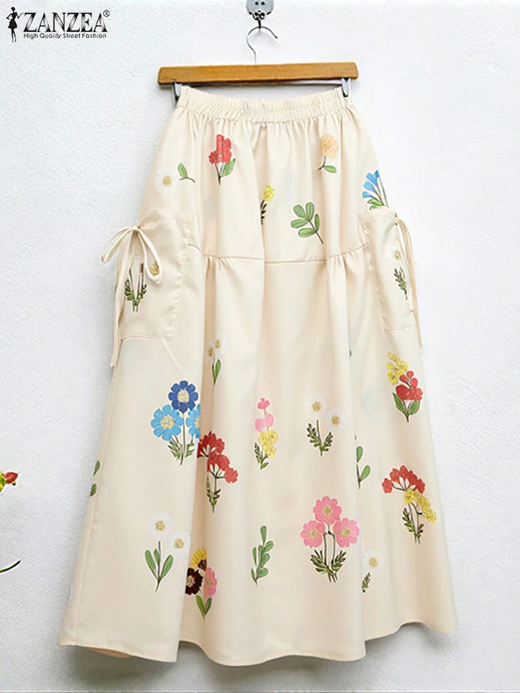 Polyester Floral Print Maxi Skirt for Women Autumn Casual