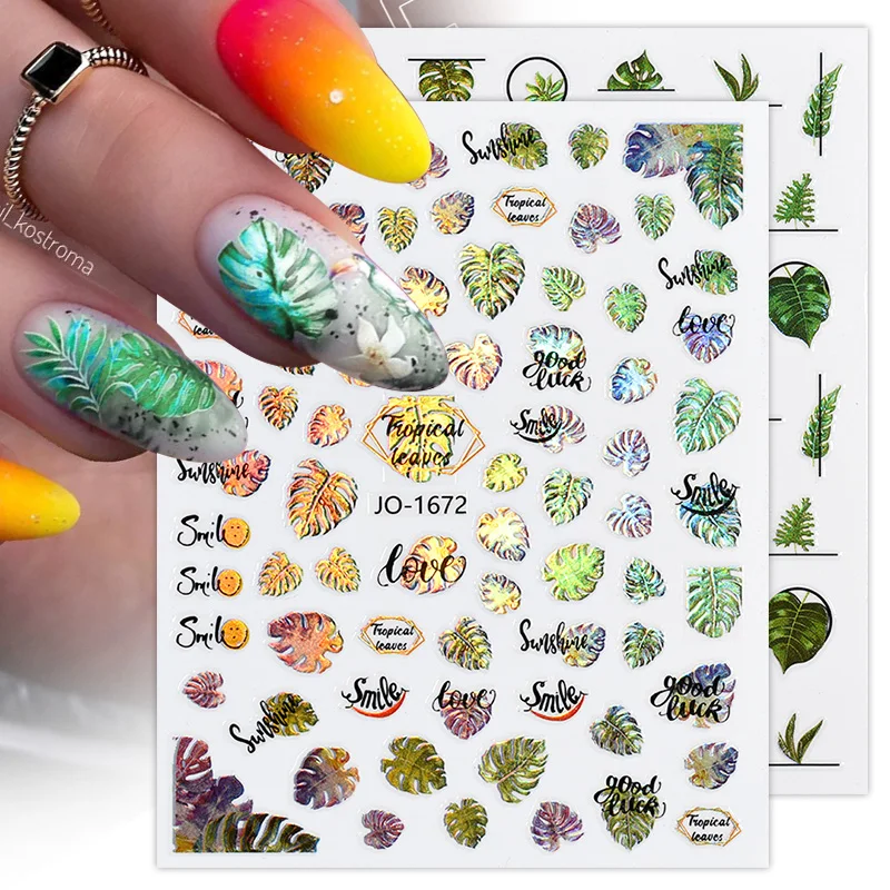 1PC Palm Flowers Leaves 3D Nail Stickers Self-Adhesive Nail Art Decorations Geometry Leaf Decals
