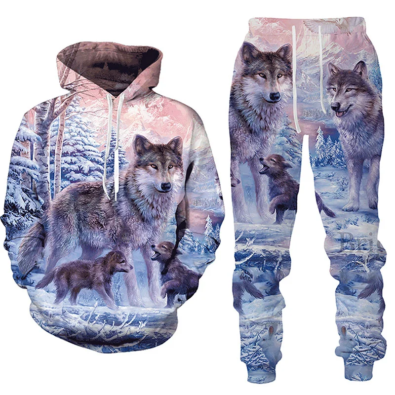 

Winter Forest Wolf Hoodie Set Men's 3d Printed Hoodie Suit Casual Sweashirts Sweatpants Tracksuit Set Fashion Mens Clothing Suit