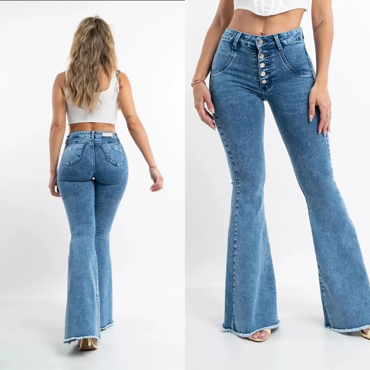 

2023 Vintage High Waisted Baggy Jeans Woman Fashion Skinny Stretch Button Raw Denim Flared Pants Women Slim Fit Trousers S-2XL