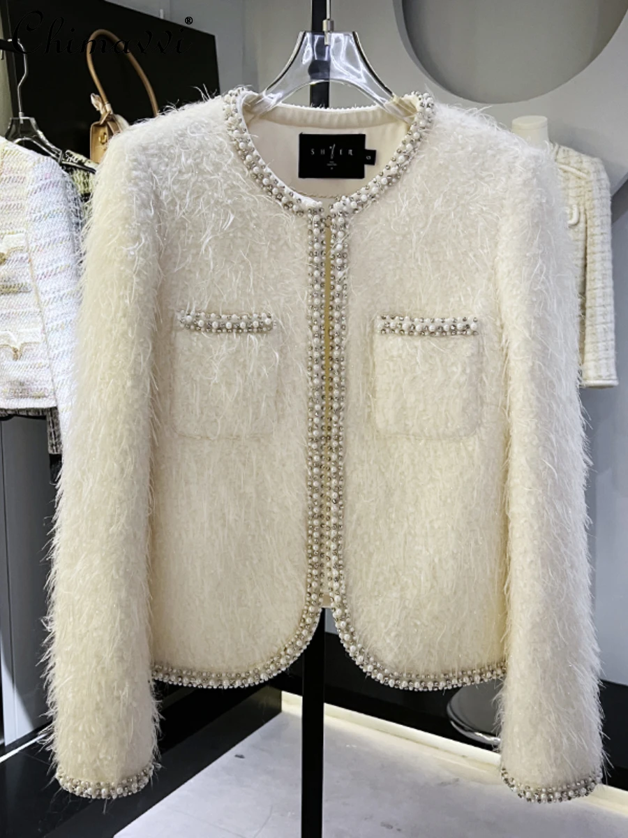 

Elegant Short Coat for Women 2023 Winter New Light Luxury High-End Heavy Beads White Coat Fashion Loose-Fit Long Sleeves Jacket