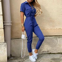 2025 New Women's Jumpsuit Casual Workwear Summer Romper with Print Button-up Lapel Waist Belt Slim Fit One Piece Pants Set Fashi - Image 6